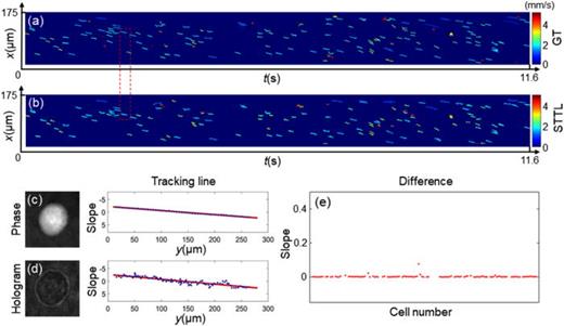 Performance of transverse localization. (a) and (b) STTL curves were computed over 15 s by using the conventional GT method and the proposed spatiotemporal tacking method, respectively. The total number of holograms is 11 618. GT: ground truth, STTL: spatiotemporal tracking line. (c) and (d) STTL curves of one flowing cell obtained from the QPM in the conventional GT method and from the hologram in the proposed spatiotemporal tacking method, highlighted in red in (a) and (b), respectively. The red solid line is a linear fitting of the actual positions (blue dots). (e) Difference between the slopes of the linear fittings about the entire analyzed cell computed by using the conventional GT method and the proposed spatiotemporal tacking method. The total number of cells is 131.