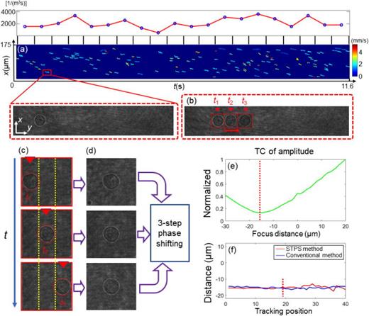 The calculation of z-positions by STPS method. (a) STTL curves of all the cells flowing along the MFC, with one cell highlighted in red inset. The throughput of flowing cells at different time intervals is shown above. (b) and (c) Three frames when the cell flows the distance of the size of the cell. (d) Centered ROIs computed from the holograms in (c). (e) TC values at different z-positions by performing numerical propagation based on the complex amplitude from the STPS method. TC: Tamura coefficient. (f) In-focus axial positions are computed by the conventional method (blue) and the proposed method (red).