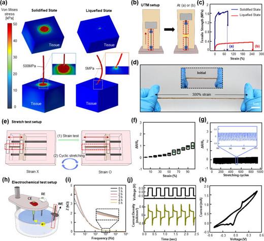 Mechanical, electrical, and electrochemical characteristics as stretchable bioelectronics. (a) Von mises stress distribution illustrates the response of the fiber in solidified state and normal state during skin penetration. (b) and (c) The stress–strain curve demonstrates the fiber's behavior under load in both states, highlighting key mechanical properties such as elastic modulus and fracture strength. (d) Optical images of the fiber before (inset) and after stretching. (e)–(g) Relative resistance changes (R/R0) during strain testing and cyclic stretching reveal the strain-insensitive electrical properties of the fiber. (h) Electrochemical tests verify the stability and functional capabilities of the fiber as a bioelectronics device. (i) The marginal difference in impedance around 1000 Hz, even after 5 h of exposure to PBS, indicates impedance stability. (j) The current density of the conductive nanocomposite electrode, induced by voltage pulses, demonstrates charge injection capacity, while (k) cyclic voltammetry present charge storage capacity, further showcasing the potential as an electrode.