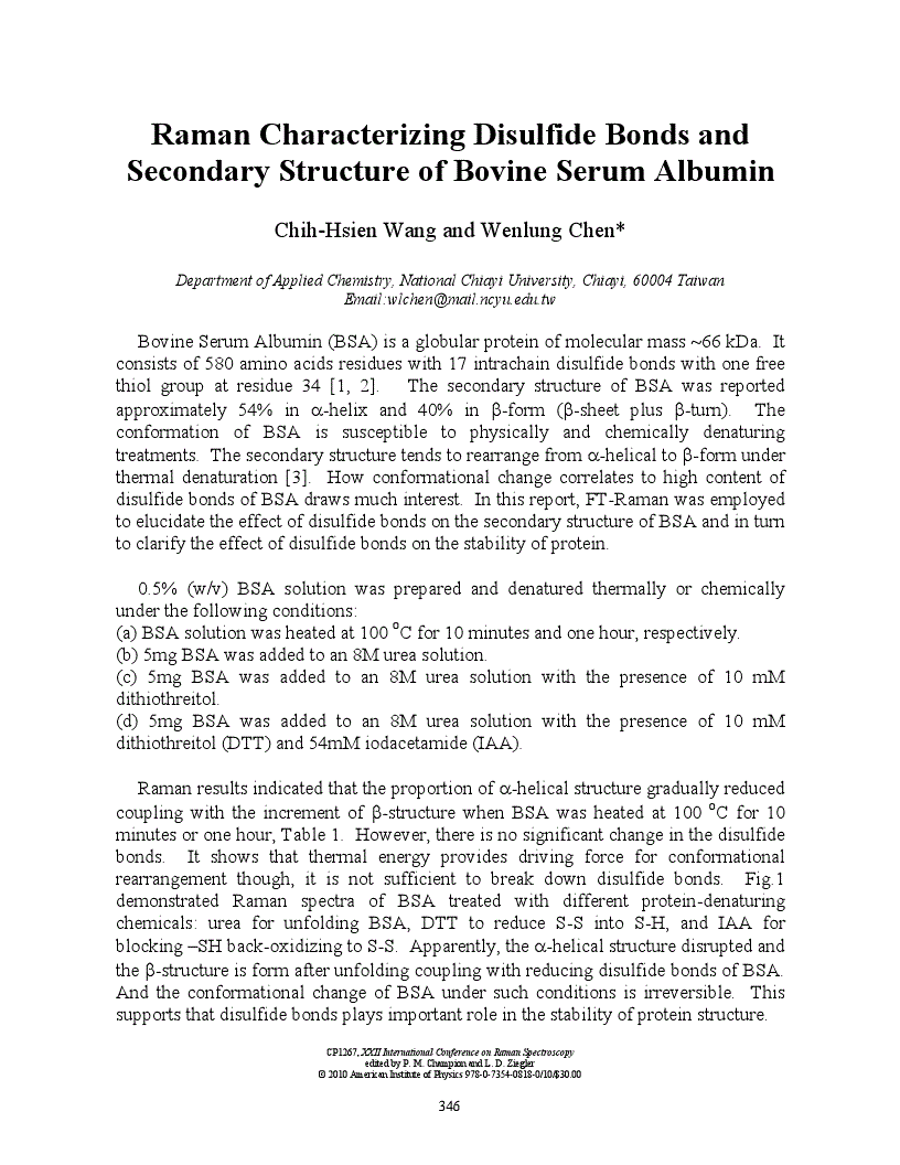 Raman Characterizing Disulfide Bonds and Secondary Structure of Bovine ...