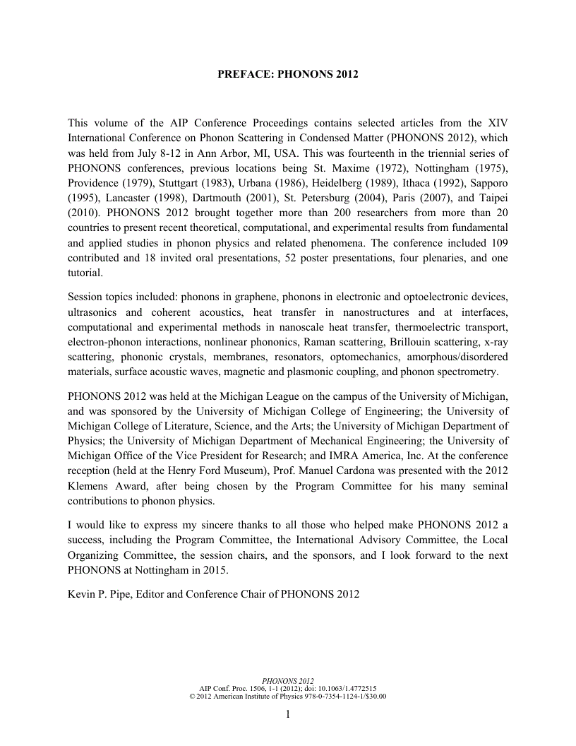 First page of Preface: PHONONS 2012