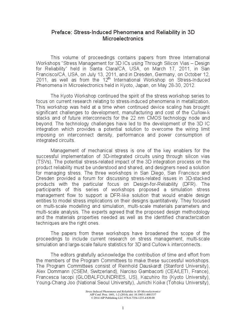 First page of Preface: Stress-Induced Phenomena and Reliability in 3D Microelectronics