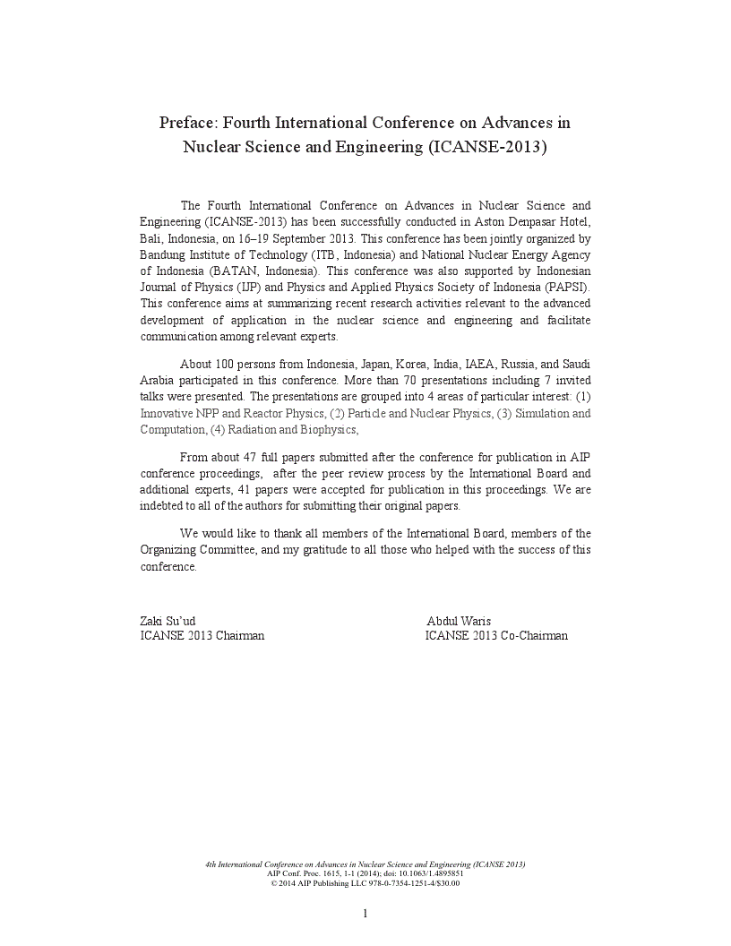First page of Preface: Fourth International Conference on Advances in Nuclear Science and Engineering (ICANSE-2013)
