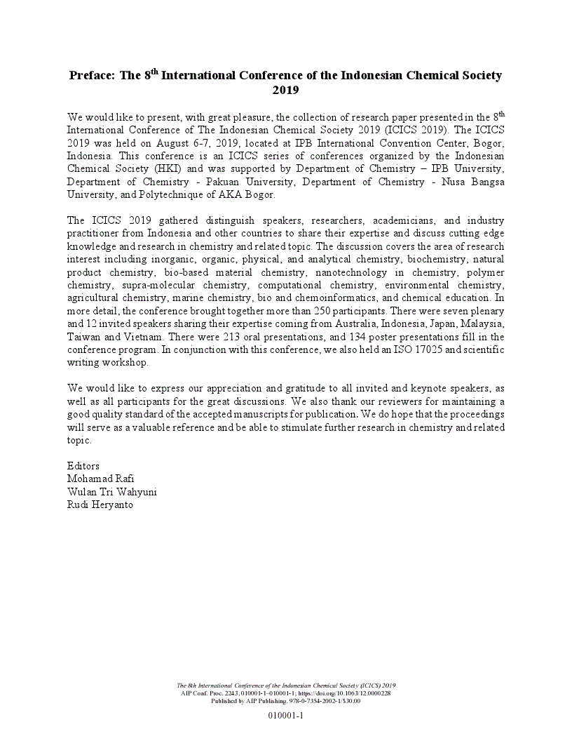 First page of Preface: The 8th International Conference of the Indonesian Chemical Society 2019