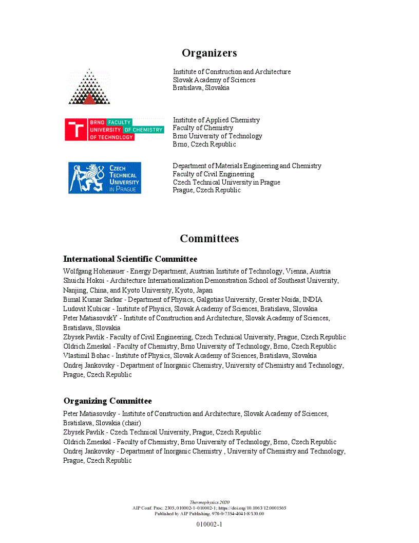 First page of Committeess: Thermophysics 2020
