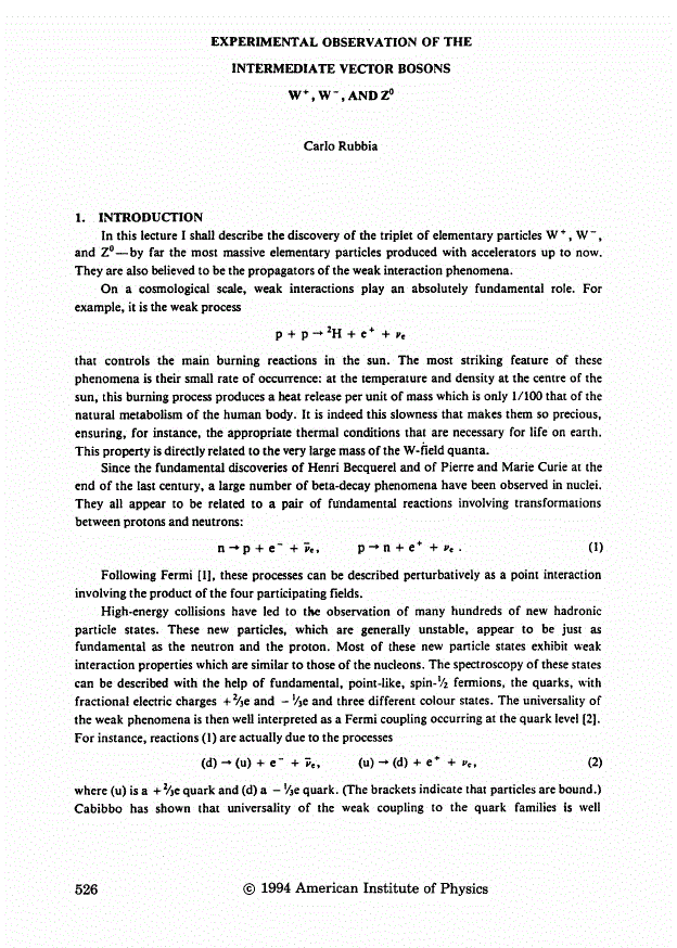 Experimental observation of the intermediate vector bosons W+, W−, and ...
