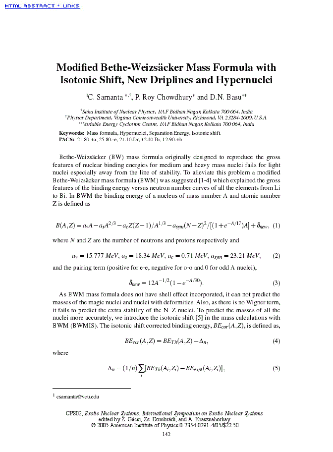 Modified Bethe‐Weizsäcker Mass Formula with Isotonic Shift, New ...