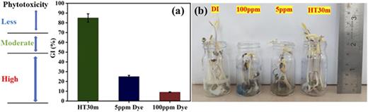 (a) GI for phytotoxicity of 5, 100 ppm, and the water treated using HT30m samples and (b) vials containing seed germination after 7 days with control sample and other samples under consideration.