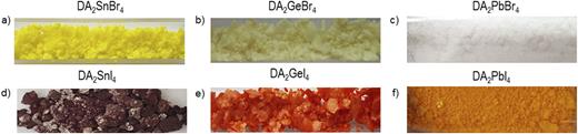 Pictures of the (a) DA2SnBr4, (b) DA2GeBr4, (c) DA2PbBr4, (d) DA2SnI4, (e) DA2GeI4, and (f) DA2PbI4 samples.