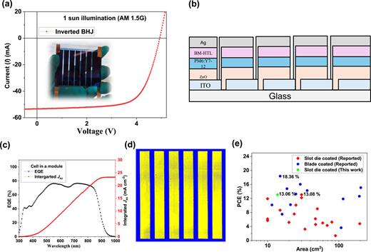 (a) I–V characteristics of the best-performing mini-module with a photograph, (b) schematic of the monolithic integration showing the series connection of sub-cells, (c) EQE of a cell from a best performing mini-module, and (d) LBIC of the best performing mini-module. (e) PCE values of recent organic photovoltaic modules (>10 cm2) with active layers coated via doctor blade or slot-die methods.