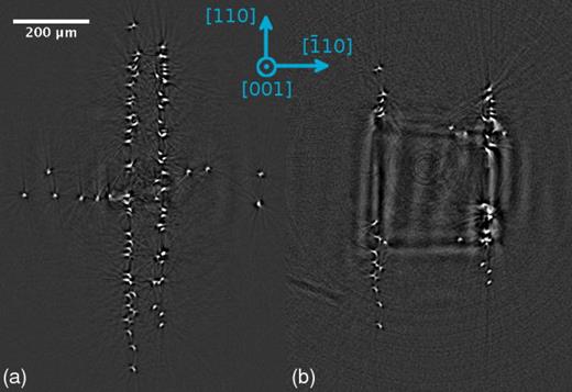 FIG. 3. BRG, 004 reflection. The movie shows reconstructed cross-sections perpendicular to ρ, i.e., parallel to the wafer surface. It moves down from the surface into the crystal with about 11 μm s−1. The voxel size is 0.75 μm3. The piercing points of dislocations are visible as bright dots. (a) and (b) correspond to a depth of 50 μm and 200 μm below the surface, respectively (enhanced online). [URL: http://dx.doi.org/10.1063/1.4769988.1]