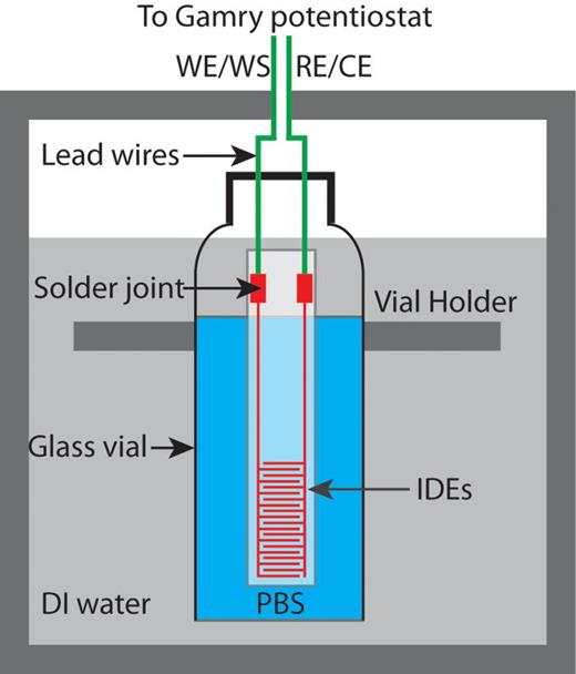 FIG. 1. Schematic of soak testing setup. Two lead wires were soldered to two microfabricated big bond pads on the IDEs for electrical connection, and they came out of the vial through a pre-drilled small hole on the cap. The impedance and leakage current measurements were conducted using a two-electrode configuration by connecting the working sensing to working and counter to reference electrodes, respectively.