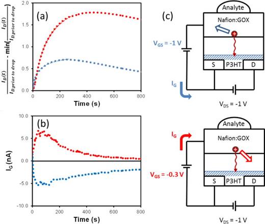 FIG. 3. (a) Variation of ID as a function of time for VGS = −1.0 V (blue dotted line) and VGS = −0.3 V (red dotted line). (b) Variation of gate current as a function of time for VGS = −1.0 V (blue dotted line) and VGS = −0.3 V (red dotted line). (c) Schematic diagrams indicating the gate current flow and net electric field (unfilled arrows) for VGS = −1.0 V and − 0.3 V.