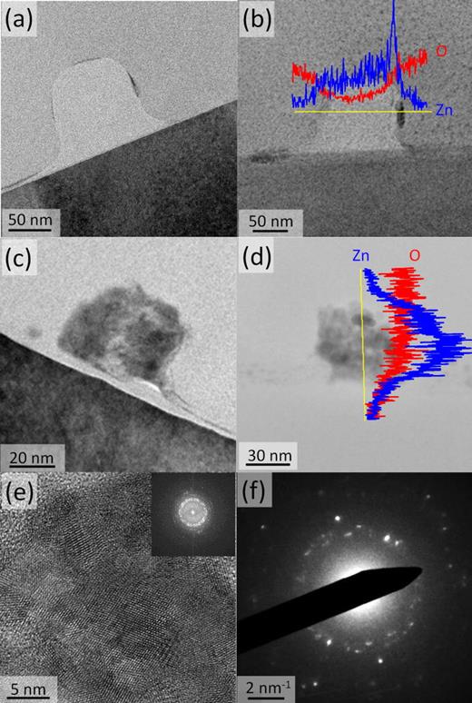FIG. 3. (a) Cross-sectional TEM micrograph of a SU-8 nanowire template after four infiltration synthesis cycles of ZnO, before removal of the SU-8 matrix. (b) Corresponding bright-field scanning TEM image with superimposed line-scan (yellow line) and EDXS count profiles (red: Oxygen Kα1 and blue: Zn Kα1). Cross-sectional TEM micrographs of an infiltration-synthesized ZnO nanowire: (c) Low-magnification bright-field image; (d) bright-field scanning TEM image with superimposed line-scan (yellow line) with EDXS count profiles (red: Oxygen Kα1 and blue: Zn Kα1); (e) high-resolution, bright field image with corresponding FFT (inset); (f) SAED pattern obtained from the center region of ZnO nanowire cross-section in (e), with closely spaced, first- and second order pseudo diffraction rings in the middle corresponding to cubic ZnO (JCPDS no. 21-1486, lattice spacing d = 3.39 Å (inner ring) and 3.11 Å (outer ring)).
