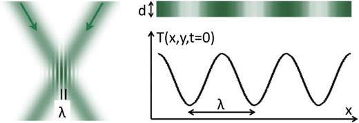 FIG. 1. Schematic of the membrane geometry used in the TTG experiment (Adapted from Ref. 13). The interference pattern from crossing two pump laser beams generates a spatially sinusoidal temperature profile at t = 0 along the membrane. The decay of the thermal grating profile depends on the grating period λ, the membrane thickness d, and the phonon MFPs in the membrane.