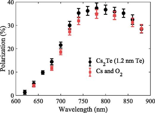 FIG. 6. Spin polarization measured from GaAs samples activated by Cs2Te and Cs and O2 as a function of the laser wavelength.
