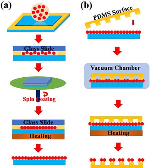 FIG. 1. Schematics of procedures of (a) using the spin coating to make a layer of gold nanoparticles and (b) using the inverse nanotransfer printing method to transfer metallic nanoparticles to the raising regions of the PDMS structured surface.