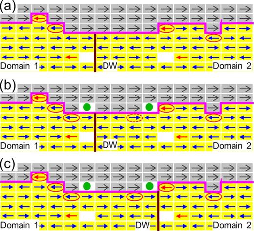 FIG. 4. Illustration of pinning centers and AFM domains to account for the EB enhancement. (a) Clean AFM/FM interface (magenta contour). (b) With NM atoms at the interface (green dots). (c) After reorganization of AFM domains. Legend: dark gray arrows, FM spins; blue arrows, AFM spins; red arrows, uncompensated AFM spins; white holes, defects; elliptical frames, pinning centers; vertical brown line, AFM domain wall.