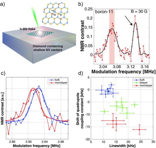 NV-NQR of 2D materials. (a) Schematic of the experimental setup, where a h-BN flake is probed with a single shallow NV center in a diamond chip. (b) 11B NQR spectrum of the h-BN flake with a reference signal that is indicated with an arrow. (c) 11B NQR spectrum of a h-BN monolayer and a flake (thicker than 50 nm) in red and blue, respectively. (d) h-BN thickness dependent quadrupolar coupling constant for monolayer (red), bilayer (green), and bulk (blue). Reproduced with permission from Lovchinsky et al., Science 355, 6324 (2017). Copyright 2017 AAAS.46