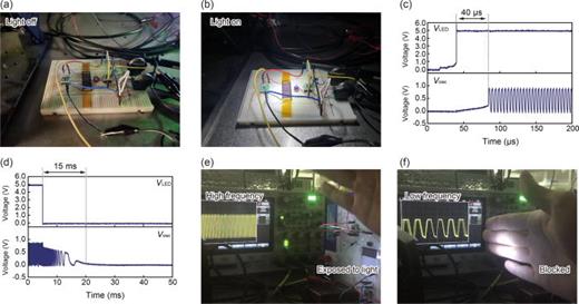 Evaluation of the response of the sensor. The sensor with a light in (a) on and (b) off modes. Transient behaviors of oscillation upon turning (c) on and (d) off the light. Change in the oscillation frequency of the sensor (e) in a dark room and (f) exposed to light.