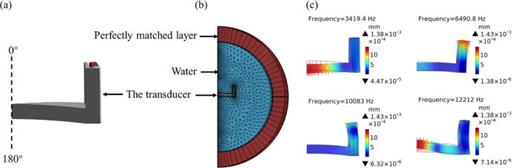 (a) A 1/24 finite element model of the transducer for modal analysis. (b) A 1/24 finite element model of the transducer for underwater harmonic response analysis. (c) The first four characteristic modes of the transducer.