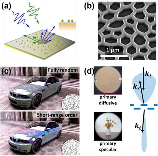 (a) Harnessing the BRDF toward full manipulation of diffuse and specular light. In the sketchy example, the surface color varies abruptly, differently from the continuous color variation of classical iridescence, when the light source and/or the observer position move. (b) Hyperuniform metasurface for light trapping in solar cell application. After Ref. 968. (c) Rendered images showing the visual appearances of a car coated with disordered arrays of identical Ag nanospheres with a density of 4 μm–1. Top: no structural correlation. Bottom: short-range correlated disorder. Adapted from Ref. 918. (d) Transparent display made of a bilayer metasurface which offer completely different properties in reflection and transmission. The rightmost images are camera pictures of a flower bouquet taken in reflection (top) or in transmission (bottom). After Ref. 945. All images are reprinted (adapted) with permission from the respective Journal and copyright remains with the original publisher.