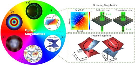 Optical singularities and their topological features. (a) Depiction of a catacaustic formed by a circle with the source positioned on the circle. (b) Vortex beam associated with the phase singularity of the complex scalar wave, (c) polarization singularity of the vector beam, (d) optical skyrmion lattice, (e) exceptional points: depiction of the topological features of non-Hermitian systems linked with the degeneracy of the eigenvalue spectrum. Inset illustrates the real and imaginary parts of the eigenvalue spectrum in the parametric space. (f) Scattering singularities featuring a zero-pole pair of the complex reflection/transmission coefficients. Inset displays the phase profile of reflection/transmission coefficients, along with a simple illustration of the reflection/transmission zero condition of the scattering processes. Figure (a) reproduced with permission from “Catacaustics, Resultants and Kissing Conics — Greg Egan,” https://www.gregegan.net/SCIENCE/Catacaustics/Catacaustics.html (2012). Copyright Author(s);1153 (c) reproduced with permission from Copyright Hindawi Publishing Corporation;1129 (d) reproduced with permission from Tsesses et al., Science 361, 993 (2018). Copyright 2018 AAAS;1130 (e) reproduced with permission from Miri and Alu, Science 363, eaar7709 (2019). Copyright 2019 AAAS;39 (e) reproduced with permission from Ozdemir et al., Nat. Mater. 18, 783 (2019). Copyright 2019 Nature Publishing Group;1136 and (f) reproduced with permission from Colom et al., Laser and Photonics Rev. 17(6), 2200976 (2023). Copyright 2023 Wiley-VCH.1154 Copyright remains with the respective publishers.