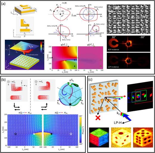 Exceptional points manifested in Jones matrix systems for asymmetric phase engineering. (a) Schematic diagram and results of achieving topologically protected    2 π phase by encircling exceptional points. (b) Construction of a pair of exceptional points with orthogonal polarization state using mirror-symmetry strategy. (c) Illustration of asymmetric full-color vectorial holography using exceptional point pairs. (a) Reproduced with permission from Song et al., Science 373, 1133 (2021). Copyright 2021 AAAS;37 (b) reproduced with permission from Yang et al., Nat. Commun. 15, 232 (2024). Copyright 2024 Nature Publishing Group;1165 and (c) reproduced with permission from Yang et al., Nano Lett., 24, 844–851 (2024). Copyright 2024 ACS.1166 Copyright remains with the respective publishers.