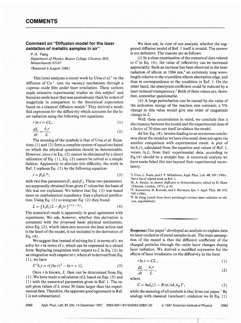 Comment On Diffusion Model For The Laser Oxidation Of Metallic Comment on diffusion model for the laser oxidation of metallic