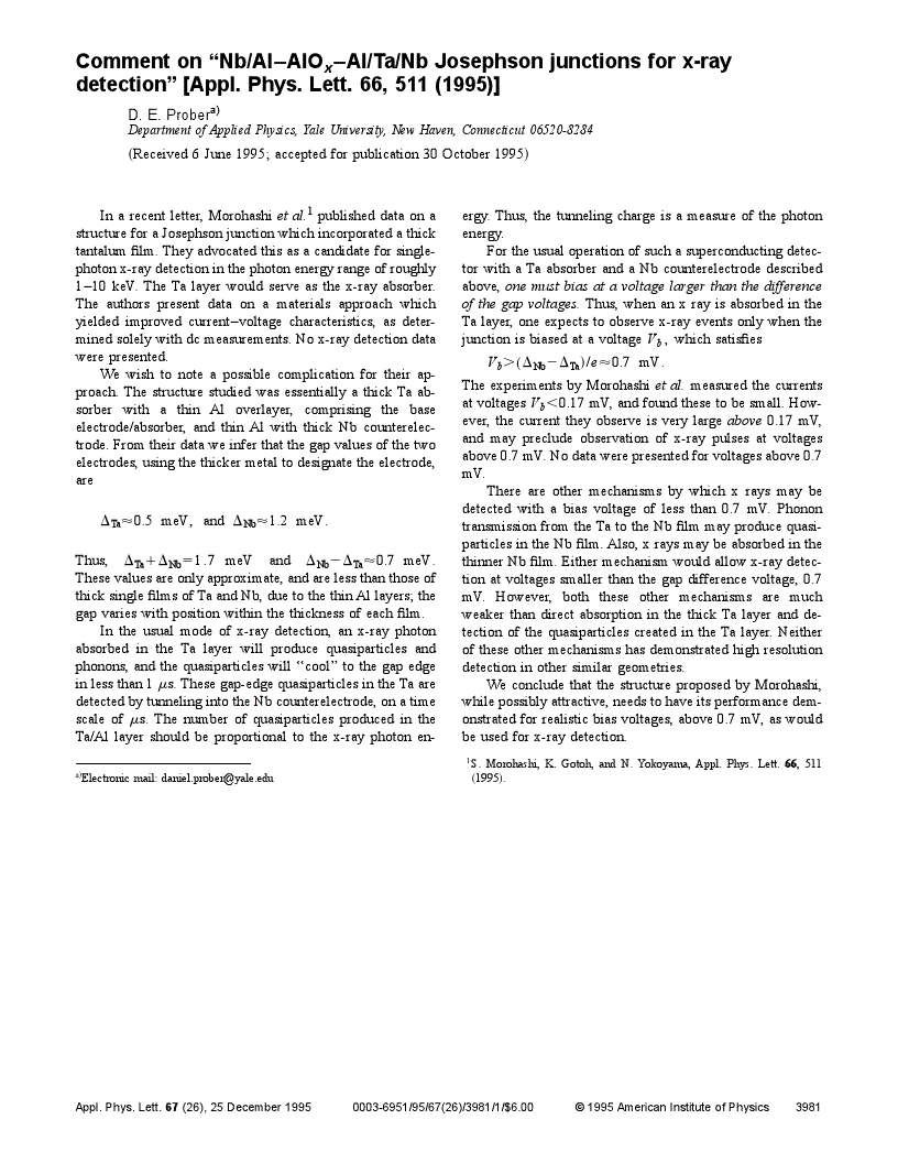 First page of Comment on ‘‘Nb/Al–AlO<sub><italic>x</italic></sub>–Al/Ta/Nb Josephson junctions for x‐ray detection’’ [Appl. Phys. Lett. <bold>66</bold>, 511 (1995)]