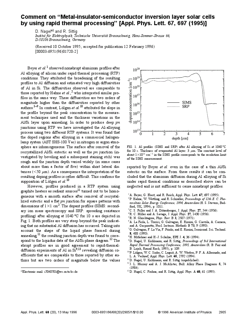 Comment on ‘‘Metal‐insulator‐semiconductor inversion layer solar cells ...
