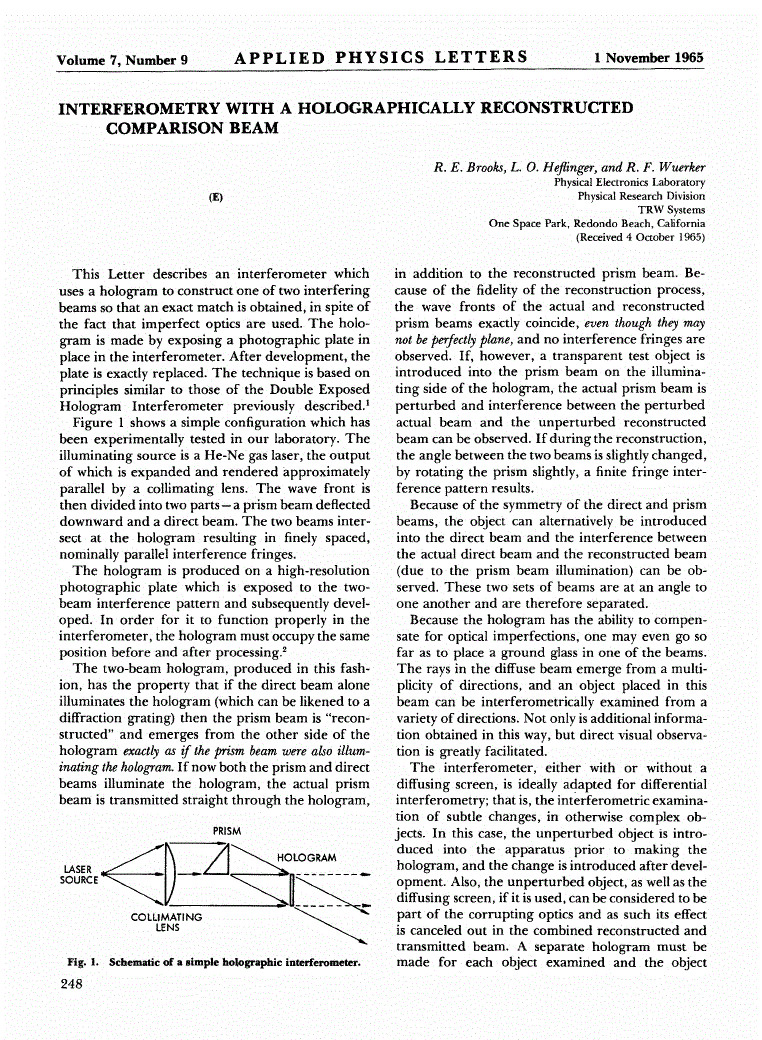 First page of INTERFEROMETRY WITH A HOLOGRAPHICALLY RECONSTRUCTED COMPARISON BEAM