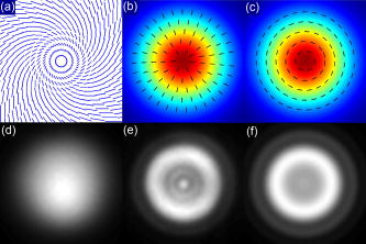 FIG. 1. (a) Schematic drawing of nanograting distribution in polarization converter. [(b) and (c)] Distribution of the electric field for left-hand and right-hand circularly (see white circles) polarized beam after passing through the polarization converter. [(d) and e)] Measured beam profiles of argon ion cw laser before and after beam converter. (f) Modeled beam profile after beam converter.