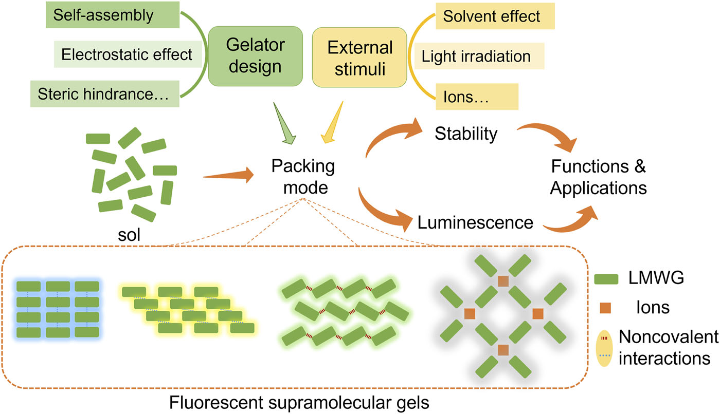 Schematic illustrations of the strategies for gelator design, including self-assembly, electronic effect, and steric hindrance. Examples of external stimuli, such as solvent effect, light irradiation and ions, and their impacts on the packing modes of fluorescent supramolecular gels. The packing modes also influence the photophysics processes and thereby influence the luminescence and stability of the gels and thus determine their functions and applications.