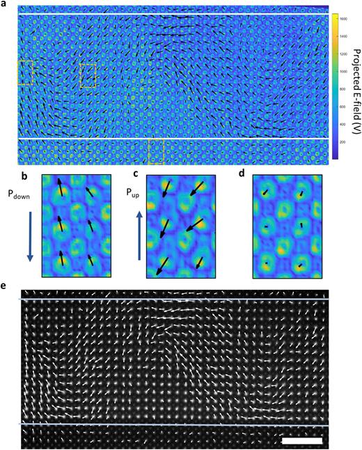 (a), The high-convergence angle, electric field map with a vector map of the average lead column electric field overlaid in black. (b)–(d) Zoomed-in views of the electric field from the highlighted regions [same regions as Figs. 2(c)–2(e)]. (e) The vector map of the average Pb column electric field, overlaid on a reconstructed HAADF image; the arrow color is changed to white to aid visibility. Scale bar is 2 nm.