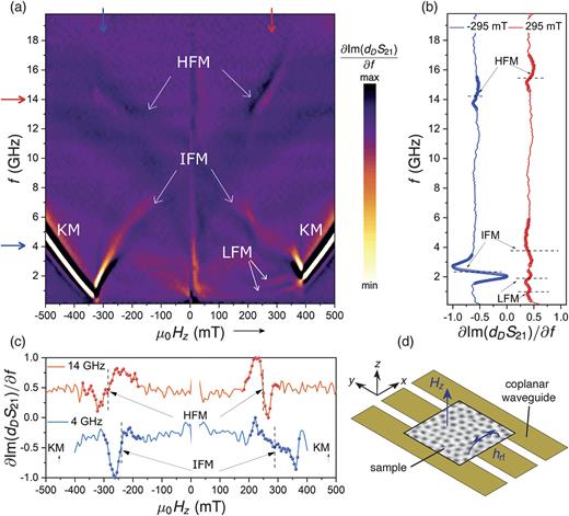 Broadband ferromagnetic resonance. (a) Frequency-field dispersion map measured by VNA-FMR over a frequency range of 0.1 to 20 GHz with the applied OP field swept from −500 to 500 mT. Apart from the Kittel mode (KM) above saturation, several distinct modes appear in the non-saturated state which are labeled HFM: high frequency mode (f > 12 GHz), IFM: intermediate frequency mode (f < 8 GHz) and LFM: low frequency modes (f < 2 GHz). (b) Line cuts for fixed OP field values: −295 and 295 mT. (c) Line cuts for fixed frequency values: 4 and 14 GHz. (d) Schematic of the VNA-FMR setup.