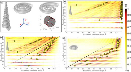 (a) The three analyzed structures with an example, in the lower right part of the figure, of the geometrical locations used for calculating the displacements, indicated with red symbols. (b) Eigenfrequency study of the Turritella-like structure with fixed–free boundary conditions, that is, the base is fixed and the apex is free. The color map represents the displacements Uωi,θj, and the yellow symbols represent the maximum U for that eigenmode. (c) Same as in (b) but with fixed–fixed BCs. (d) The axial pitch is reduced, and BCs are fixed–fixed.