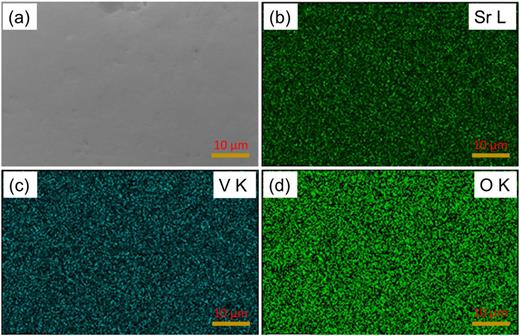 (a) FESEM image of SrVO3 cathode surface. (b) Sr, (c) V, and (d) O EDS elemental mapping on the polished SrVO3 cathode surface. The scale bar is 10 µm in all the figures.