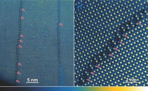 FIG. 1. Two examples of stepped structures on antiphase boundaries. In both cases, these are high angle annular dark field (HAADF) images and are represented on the false colour intensity scale shown below the images, the brighter atoms are the heavy A-site atoms (Bi/Nd), whereas the less bright atoms are the B-site atoms (Fe/Ti); O atoms are not visible in these images. The image to the left shows two parallel boundaries, one almost flat whilst the other is more stepped. Some nanorods are also observed between the boundaries. The image to the right shows a heavily stepped boundary, with very few flat terraces. The arrangement of B-site (Fe or Ti) columns in the steps is clearly shown in this image. The steps are indicated by pink arrows in the images.