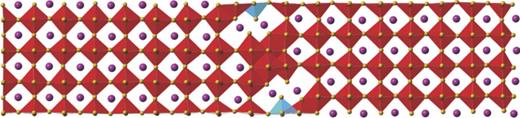 FIG. 4. A quantitative atomic model of the atomic structure of a step determined from the data presented in this work. Yellow atoms are O, purple atoms are Bi, red octahedra are FeO6 octahedra, and the blue polyhedra at the edges are halves of TiO6 octahedra at the start of the terrace to either side.