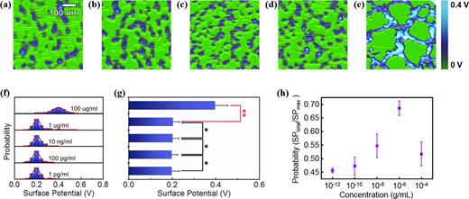 ((a)–(e)) Surface
                  potential map images observed by KFPM: (a) 1 pg/ml, (b) 100 pg/ml,
               (c) 10 ng/ml, (d) 1 μg/ml, and (e) 100 μg/ml of PSA
               antibody. (f) Histograms of the SP of different PSA antibody concentrations and their
               average values. (g) To confirm whether our approach can discriminate between two
               neighboring conditions, we performed t-tests between neighboring groups. P-values
               were calculated using the t-test (*P > 0.05, **P < 0.05). (h) Probability
                  (SPtotal/SPmax) of PSA antibodies with different antibody
               concentrations.