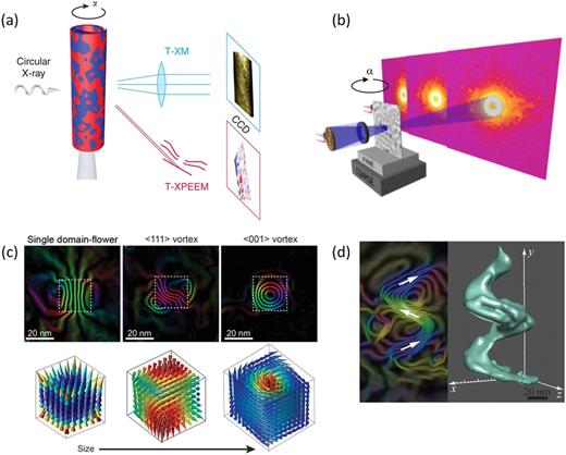 3D tomographic characterization techniques with high spatial resolution is extensions of advanced x-ray and electron microscopies. (a) X-ray tomography in real space uses full-field transmission x-ray microscopy and transmission (shadow) X-ray photoemission electron microscopy (X-PEEM) techniques (from Ref. 115). (b) Reciprocal space x-ray imaging can extend x-ray ptychography toward 3D tomography both for soft and hard x-rays (from Ref. 188). (c) Electron holography images of size-dependent magnetization configurations in single-crystalline Fe nanocubes (from Ref. 191). (d) Electron holography image of the magnetization distribution inside a sculpted three-dimensional Co nanospiral (from Ref. 192).