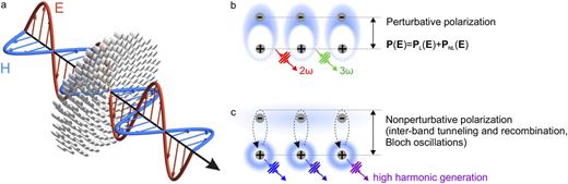 Materials in strong optical fields. (a) Representation of an electromagnetic wave passing through a material patterned at a subwavelength scale. A sufficiently strong optical field induces several types of nonlinear light–matter interactions. In this Research Update, we will be primarily interested in the following two types of interactions. Moderately strong fields may induce material polarization P(E) consisting of linear [PL(E)] and nonlinear [PNL(E)] components (b). Extremely strong fields may cause generation and subsequent recollision of free electrons and holes driven by the incident electromagnetic field (c).