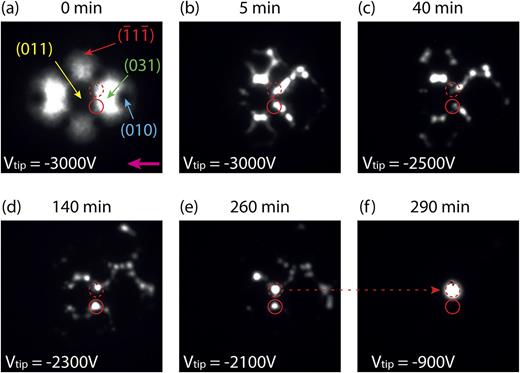 FIG. 1. ((a)–(f)) Field emission patterns without laser some time after laser irradiation. During the laser irradiation, Vtip was −3000 V and PL was 180 mW. The propagation direction of the laser is indicated by a pink arrow in (a). Tip voltages and accumulated irradiation time are shown on each corresponding image. (a) is the pattern from the tip apex cleaned by flash heating prior to irradiation. Here, the surface indices of some facets are also indicated. Two red circles are placed in all the panels as makers of locations of bright spots appeared in (e). 
