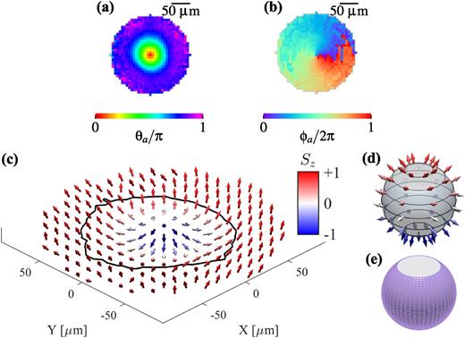 Dark state reconstruction and skyrmion in matter. (a) Spatial profile of the dark state mixing angle θa and (b) azimuthal angle ϕa [see Eq. (6)], extracted from state-population measurements. Images on panels (a) and (b) are averaged over 100 experimental runs (see Appendix B). (c) Pseudospin texture of the transferred skyrmion on the xy plane, determined by the atomic dark state population and coherence. The curve determines the path along which the spin vector maintains a constant angle of 0.8π between the radial and vertical axes. (d) The region outlined by this path is mapped onto a sphere, analogous to the optical skyrmion in Fig. 1. (e) Mapping of the spin texture on the S2 order-parameter space, as determined by the Poincaré sphere, nearly wraps over the entire sphere, resulting in the topological charge Q ≃ 0.84.