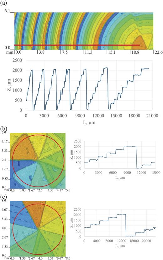 Top view of part of the elements and the profiles of the cross sections marked by a red line. (a) Side of the vortical nonparaxial zone plate. (b) Center of the element presented in (a). (c) Quantized vortical phase plate of topological charge 1. Elements made by the 3D extrusion printing method.
