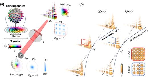 Concept of periodically accelerating skyrmion lattices. (a) Schematic of periodic skyrmion lattice generation via cubic phase modulation. The original Bloch-type skyrmion texture (Nsk = −1) transforms into square skyrmion lattices, each unit cell retaining Nsk = −1. The color map represents the Stokes vector orientation mapped to the HSL color space, with maximum saturation. Hue encodes transverse orientation ψ = arg(S1 + iS2), and lightness corresponds to S3. (b) Airy and vortex Airy-like beams, exhibiting periodic intensity lattices that are complementary to each other (highlighted in red and blue regions), accelerate along curved trajectories.