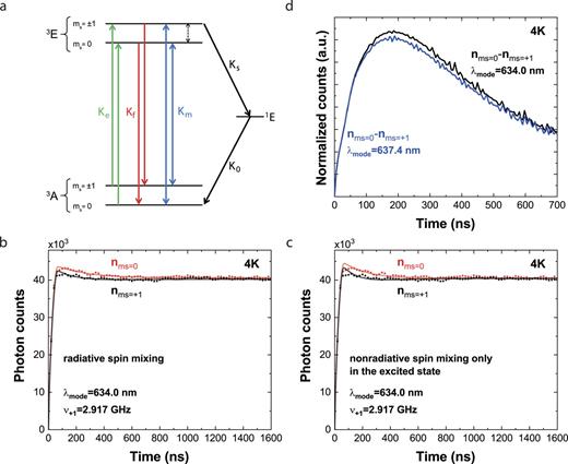 FIG. 7. Rate equation model. (a) NV center modeled as a five level system. The radiative triplet transitions [both spin-conserving (green, red) and spin-mixing (blue)] are illustrated as colored and the ISC transitions are illustrated as black arrows. The dashed arrow indicates a scenario where nonradiative spin-mixing happens in the excited state. [(b) and (c)] Measured time-resolved, spin-dependent fluorescence after preparing the NV centers in the ms = 0 state (red dots) and ms = ±1 state (black dots) for the NV centers off resonance with the cavity mode. The modeled curves (red and black lines) were adapted for the rates Ke = Kf = 111 MHz under the assumption of a radiative spin-mixing (b) and a nonradiative spin-mixing in the excited state (c), respectively. (d) Simulated fluorescence contrast of NV centers off (black curve) and on (blue curve) resonance with the cavity mode under the assumption of a spin-mixing due to ISC and by radiative transitions in the triplet system.