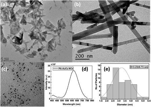 HR-TEM images of (a) MoS2-NSs, (b) ZnO-NWs, and (c) AuCu NCs. (d) Fluorescence spectrum and (e) diameter histogram of AuCu NCs.