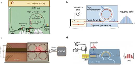 Hybrid optical frequency comb. (a) Hybrid integration of packaged RSOA with frequency comb generator. (b) Electrically pumped photonic integrated soliton microcomb. (c) Integrated turnkey soliton microcombs. (d) Hybrid integrated gain-switched optical frequency comb source. (a) and (c) Reproduced with permission from Stern et al., Nature 562(7727), 401–405 (2018). Copyright 2018 Springer Nature and Shen et al., Nature 582(7812), 365–369 (2020). Copyright 2020 Springer Nature. (b) Reproduced from Raja et al., Nat. Commun. 10(1), 680 (2019). Author(s), licensed under a Creative Commons Attribution 4.0 License. (d) Reproduced from Shao et al., IEEE Photonics J. 14(1), 6613606 (2022). Author(s), licensed under a Creative Commons Attribution 4.0 License DEED.